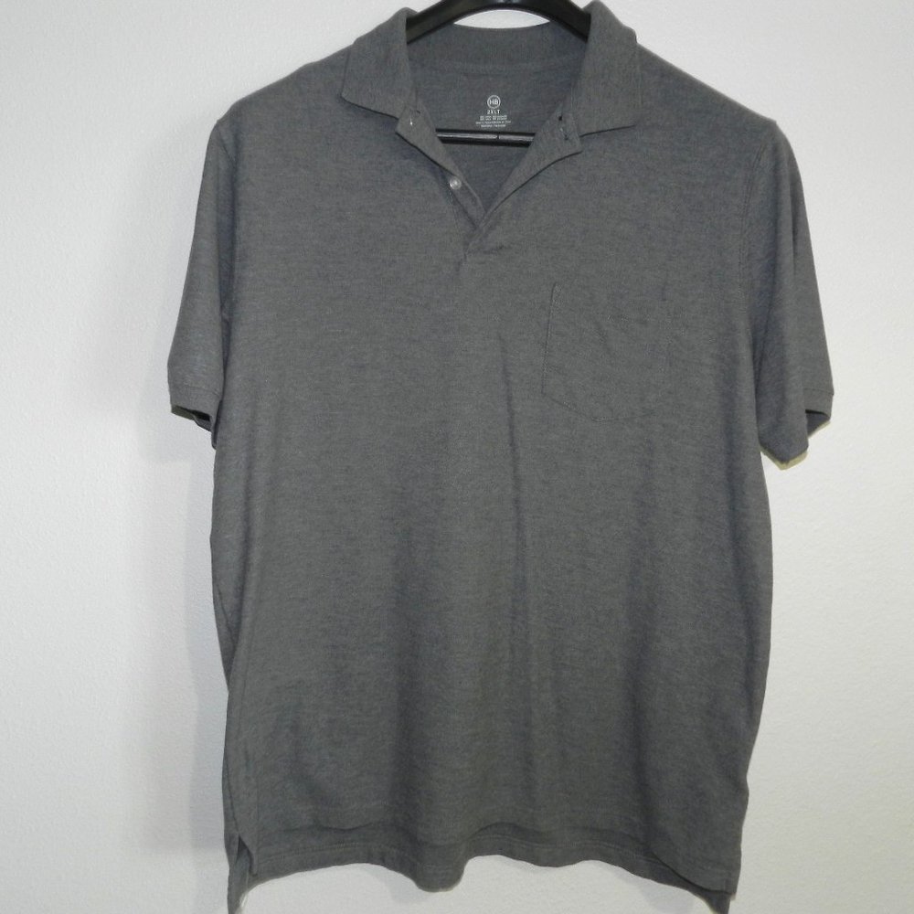 HB men's polo, 2-button, banded short sleeve, v-neck in medium heather gray